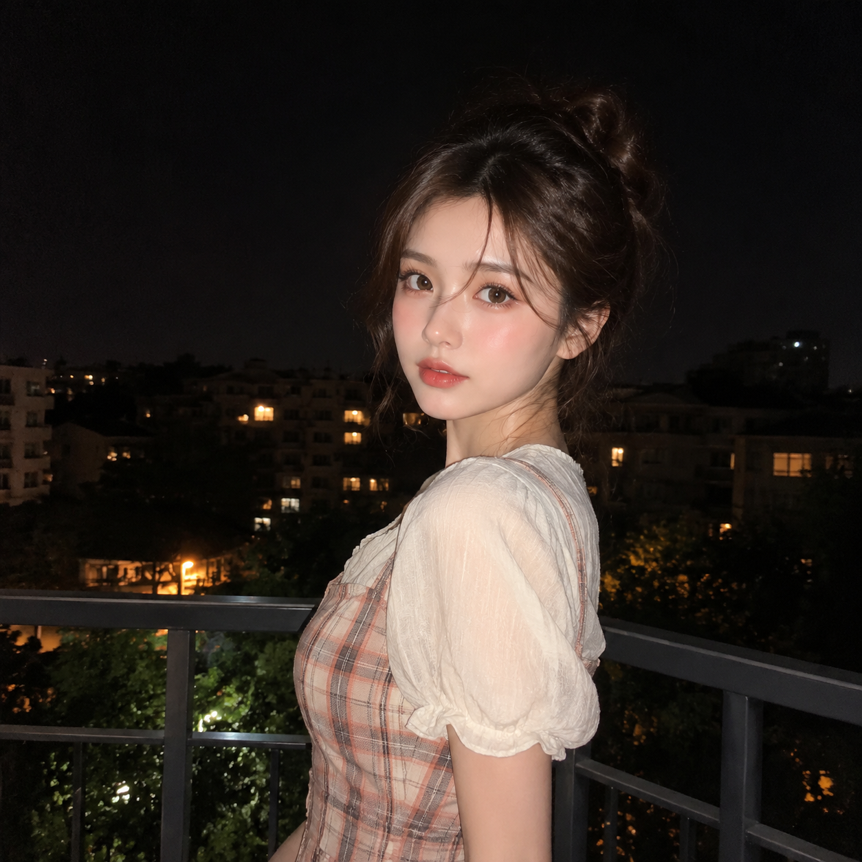 ## 通用中文简化版
年轻女性夜景人像，竖版构图，半身中景，人物位于画面偏右，身体微侧朝左，头转向镜头，直视镜头，表情温柔平静略带好奇。深棕色凌乱盘发，几缕碎发修饰脸部，白皙暖调肤色，大眼睛，明显腮红，柔和红粉色哑光嘴唇。穿复古田园风服装：粉米灰格纹连衣裙，内搭米白色轻薄泡泡袖上衣。夜晚室外住宅区背景，前景有阳台栏杆，远处房屋和窗户暖黄灯光，大片黑色夜空。使用正面闪光灯拍摄，人物脸部和上半身明亮清晰，背景微虚化，整体氛围安静、浪漫、轻微梦幻，像社交媒体风格的夜间闪光人像，暖肤色，暗色城市背景。

---

## Midjourney 版
young woman, night flash portrait, vertical portrait, medium shot, subject positioned slightly right of frame, three-quarter profile facing left, head turned toward camera, direct eye contact, soft calm slightly inquisitive expression, fair warm skin, dark brown messy updo with loose face-framing strands, large dark brown eyes, rosy blush, soft red-pink matte lips, plaid dress in muted pink beige and gray, off-white semi-sheer blouse with short puff sleeves, soft vintage cottagecore aesthetic, outdoor residential area at night, balcony railing, houses and buildings, warm window lights, dark night sky, on-camera flash, bright subject, softly blurred background, romantic gentle dreamy mood, social media portrait photography, high detail --ar 2:3 --v 6 --stylize 150

### 如果你想更像“手机闪光夜拍”
可以加这些词：
smartphone photo, direct flash, candid but polished, realistic skin, night city residential background