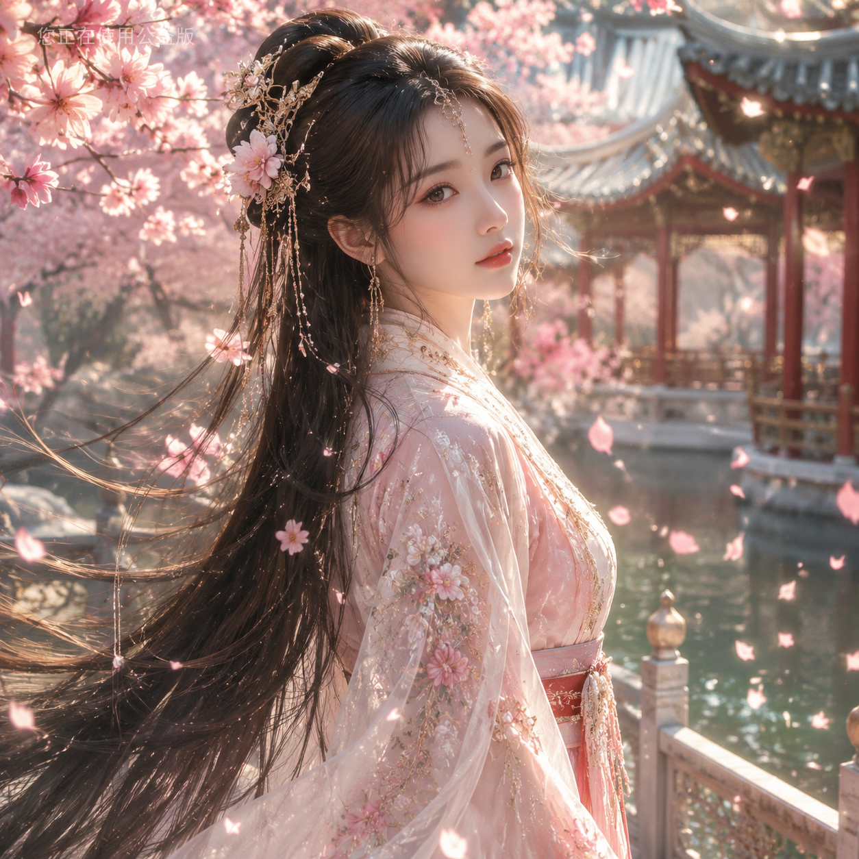 一位绝美古风女子，身穿精致汉服，长发如瀑，发簪点缀，眉目如画，气质温婉，站在古典庭院中，身旁有盛开的桃花，微风吹动衣袖与发丝，花瓣飘落，光影柔和，画面唯美梦幻，国风插画风格，超精细细节，电影感构图，高质量