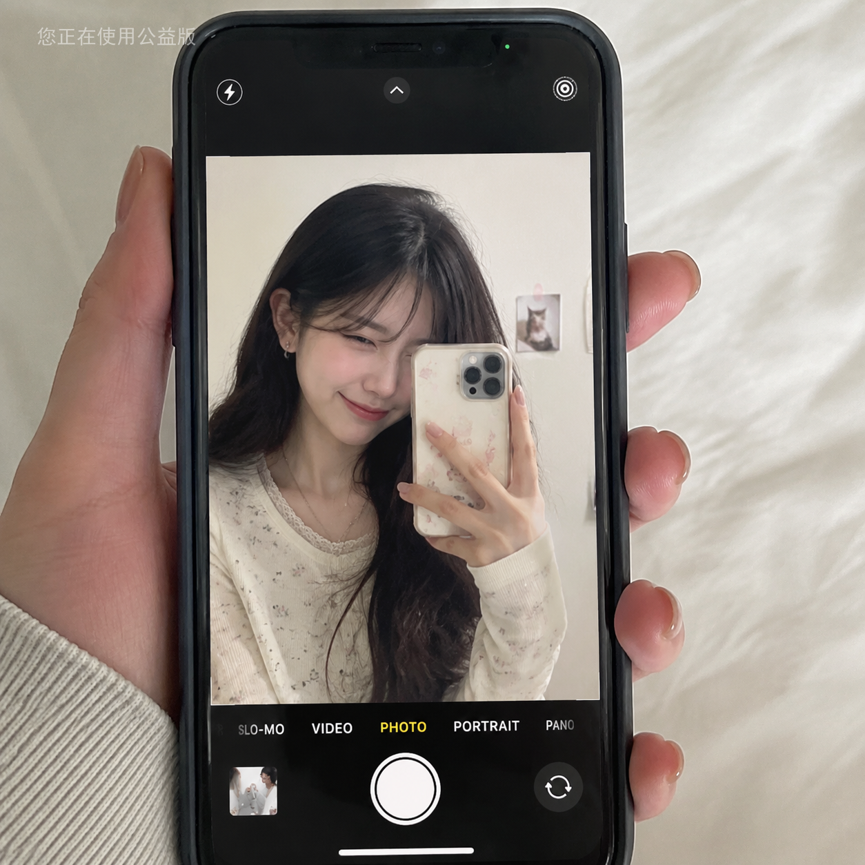 Nice prompt, but for Nano Banana there’s one crucial line missing.

If you don’t explicitly say that this is a photo of a phone screen being held, it will just turn into a normal mirror selfie.

need something like:

“The phone is being held by someone, and its screen displays a front-facing camera mirror selfie, with the camera UI visible (shutter button, mode indicators, icons).”

anyway i'm cute🫡